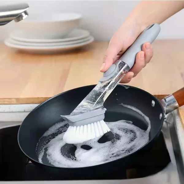 Handled Plastic Cleaning Brush Refillable Liquid Kitchen Cleaning Pot Brush with Detergent Dispenser Pan Sink Cleaning