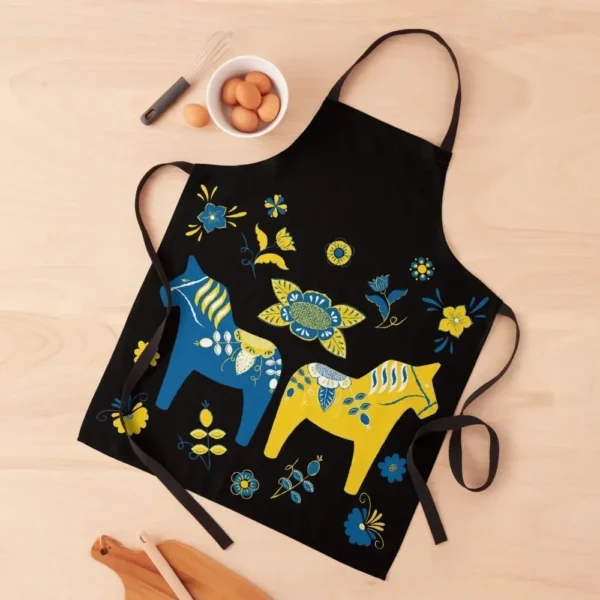 Folk Art - Swedish Dala Horses - Blue Yellow Apron Cleaning Products For Home professional hairdressing For Kitchen Apron